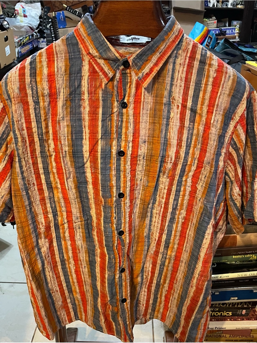 Lightweight Striped Button-Down Shirt - Vatpave - Orange/Gray/Cream